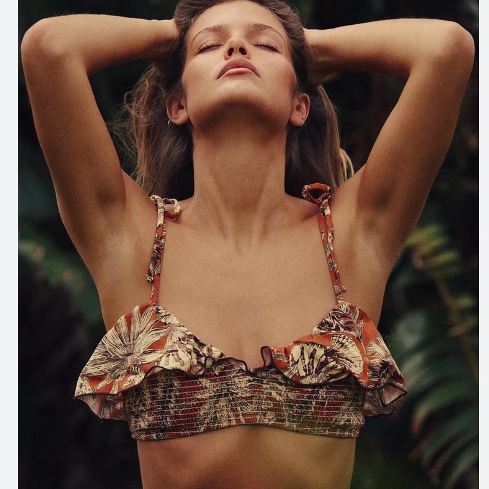 Free People Free-est Shannon Bikini Top Flax Linen Shirred Smocked Ruffled Cup